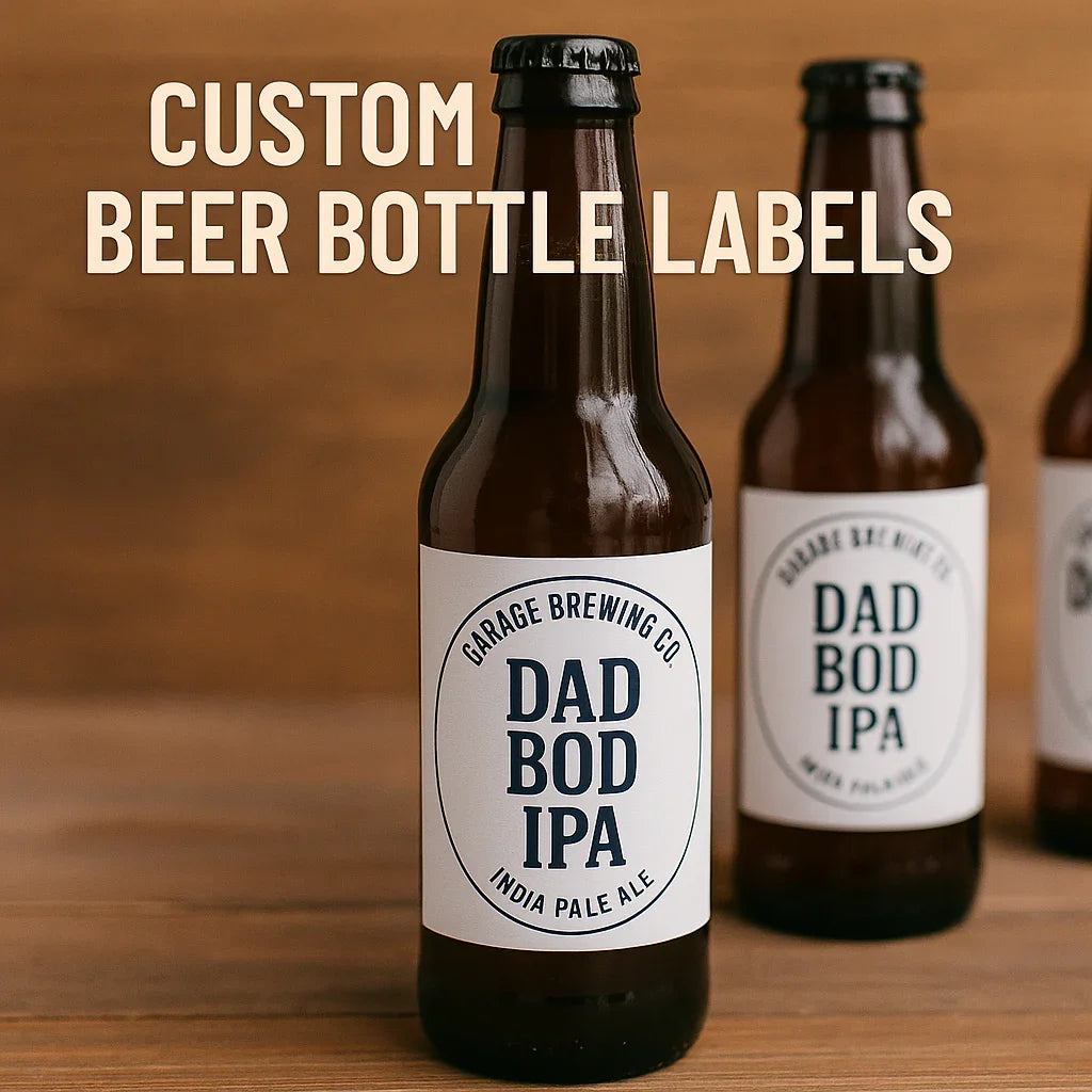 Custom beer bottle labels on brown bottles, Garage Brewing Co. Dad Bod IPA, wood background