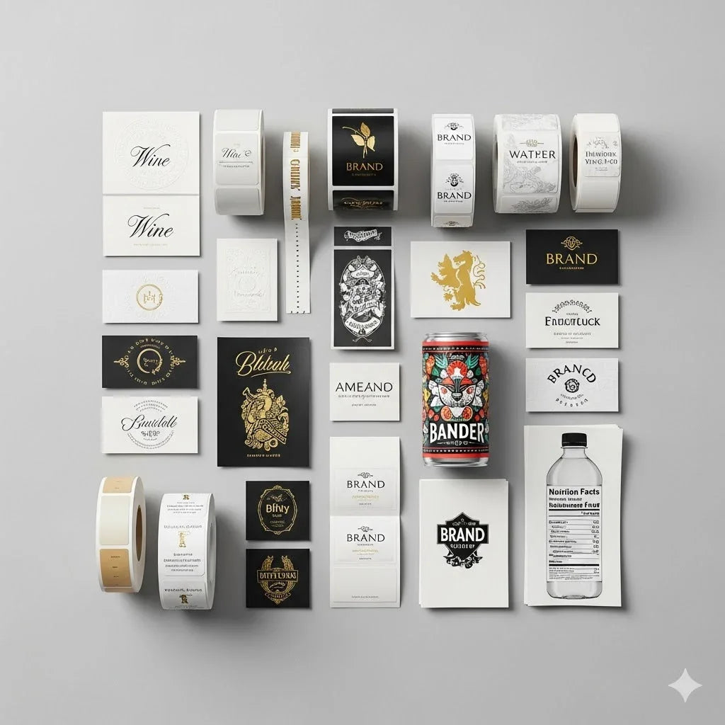 Assorted custom bottle and can label designs, rolls, and branding samples on a gray background.
