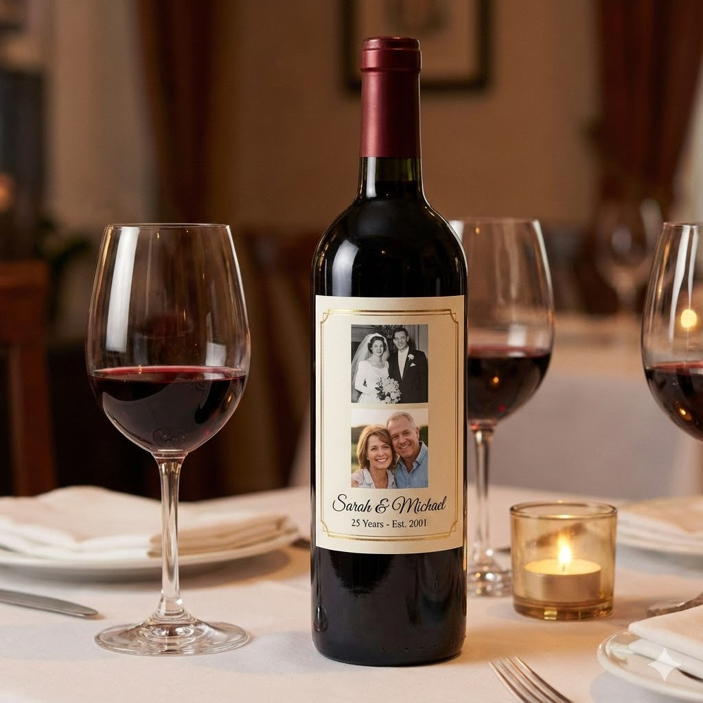 Close up of anniversary wine bottle label featuring a wedding photo
