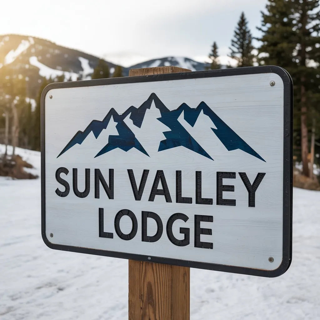 Sun Valley Lodge ski resort sign with mountain graphic, snowy landscape and pine trees