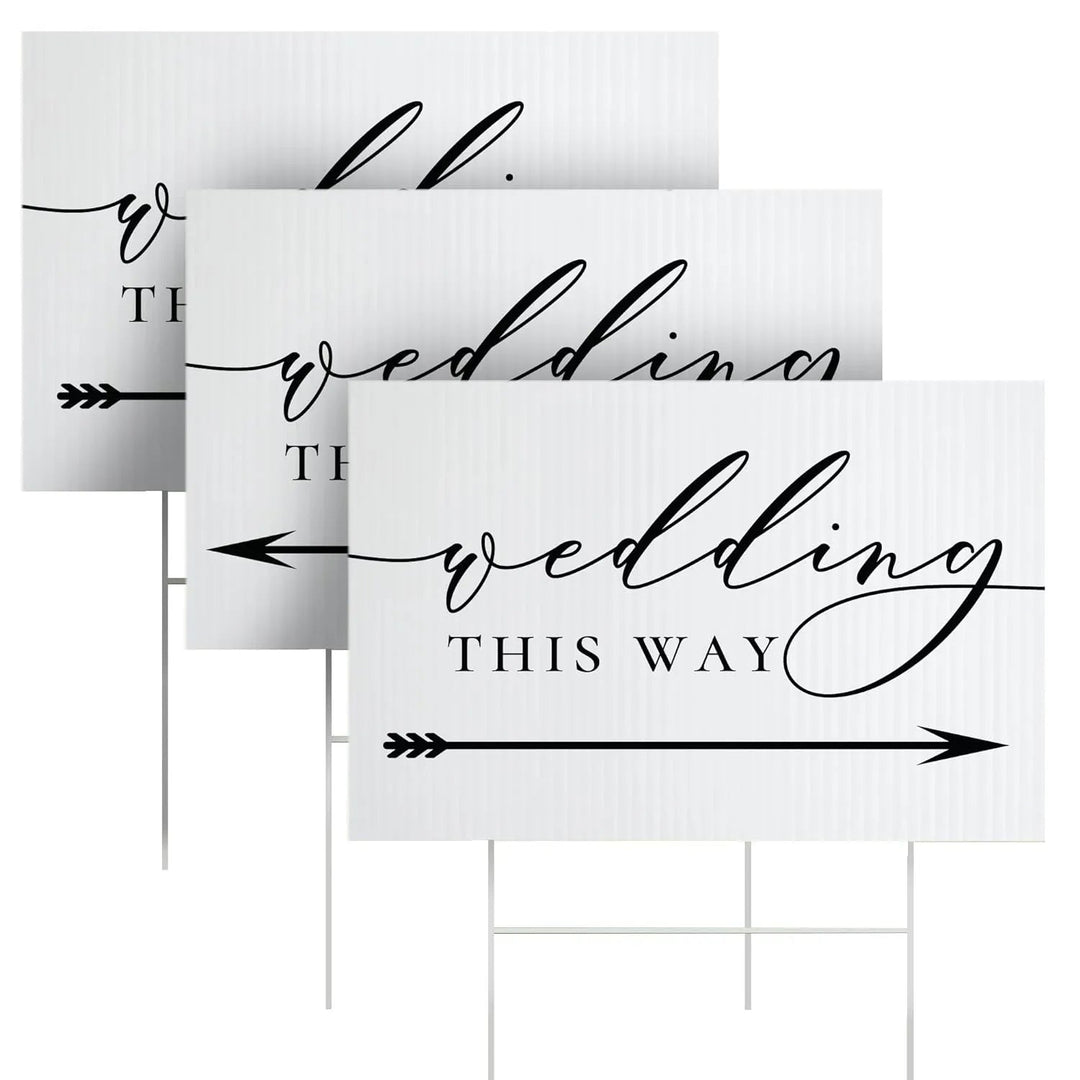 Set of three white wedding directional signs with arrows and elegant black script text