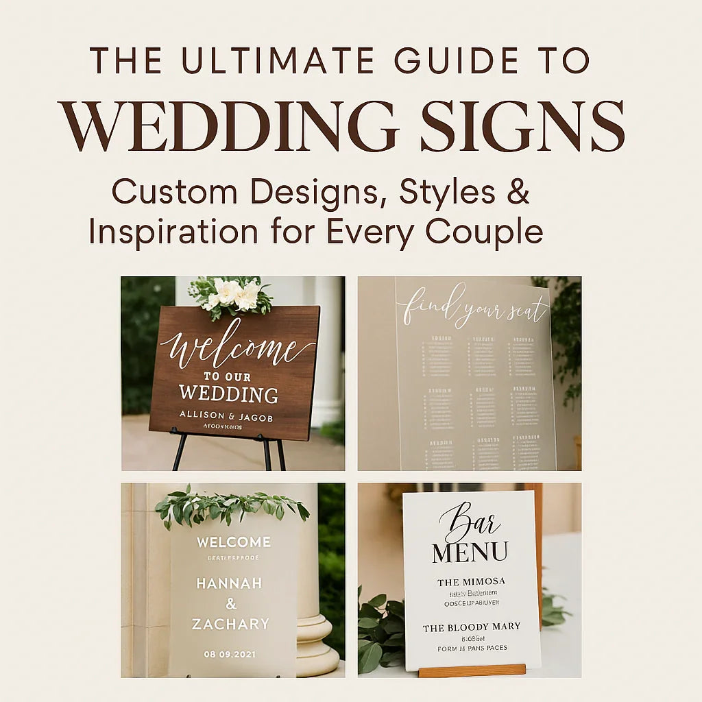 Wedding signs guide with custom welcome boards, seating chart, and bar menu designs