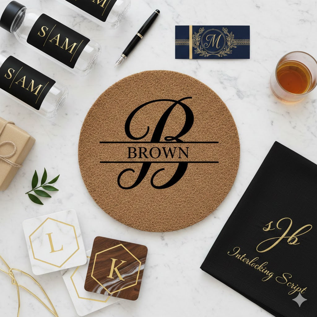 Personalized home items including a round Brown doormat, custom black SAM bottle labels, monogram coasters, and a black cloth with gold script on a marble surface
