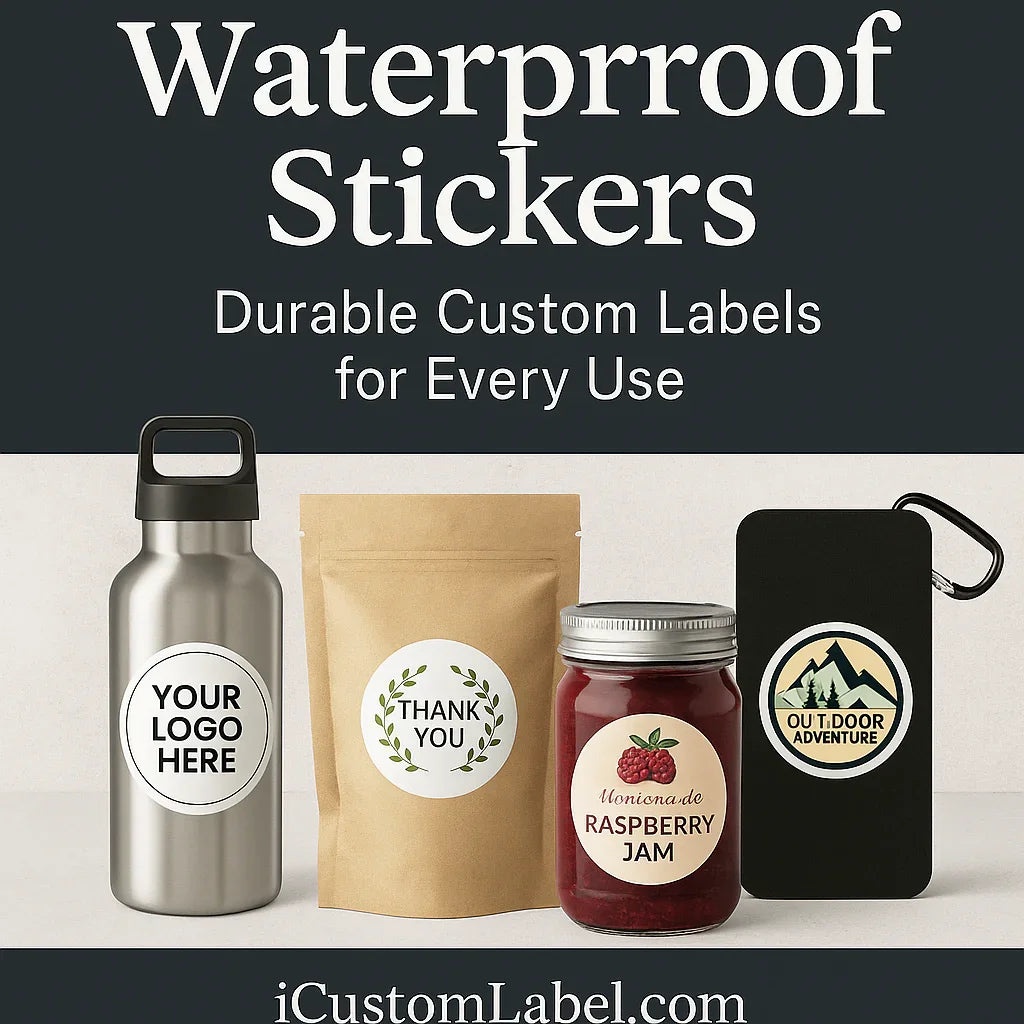 Waterproof stickers on water bottle, pouch, jar, and case for custom labeling