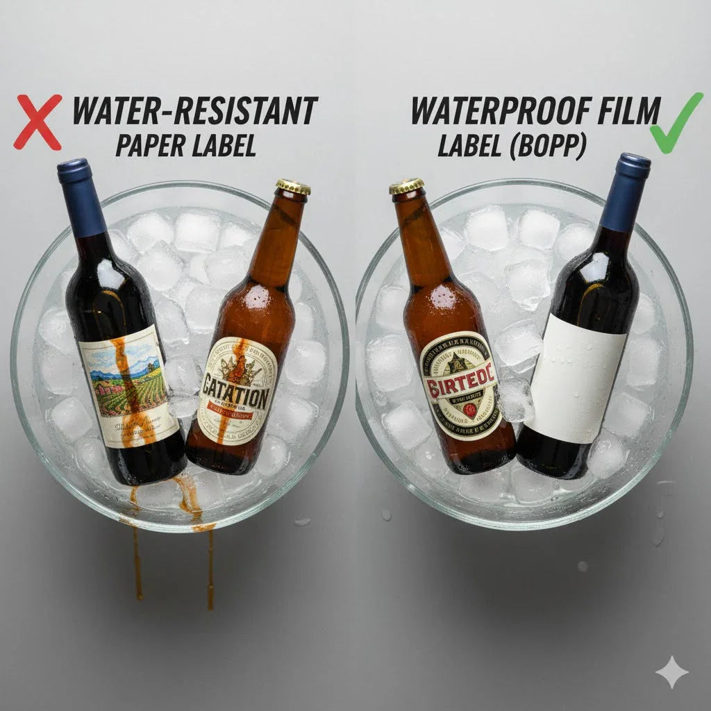Comparison of water-resistant paper labels and waterproof film labels on beer and wine bottles in ice bowls