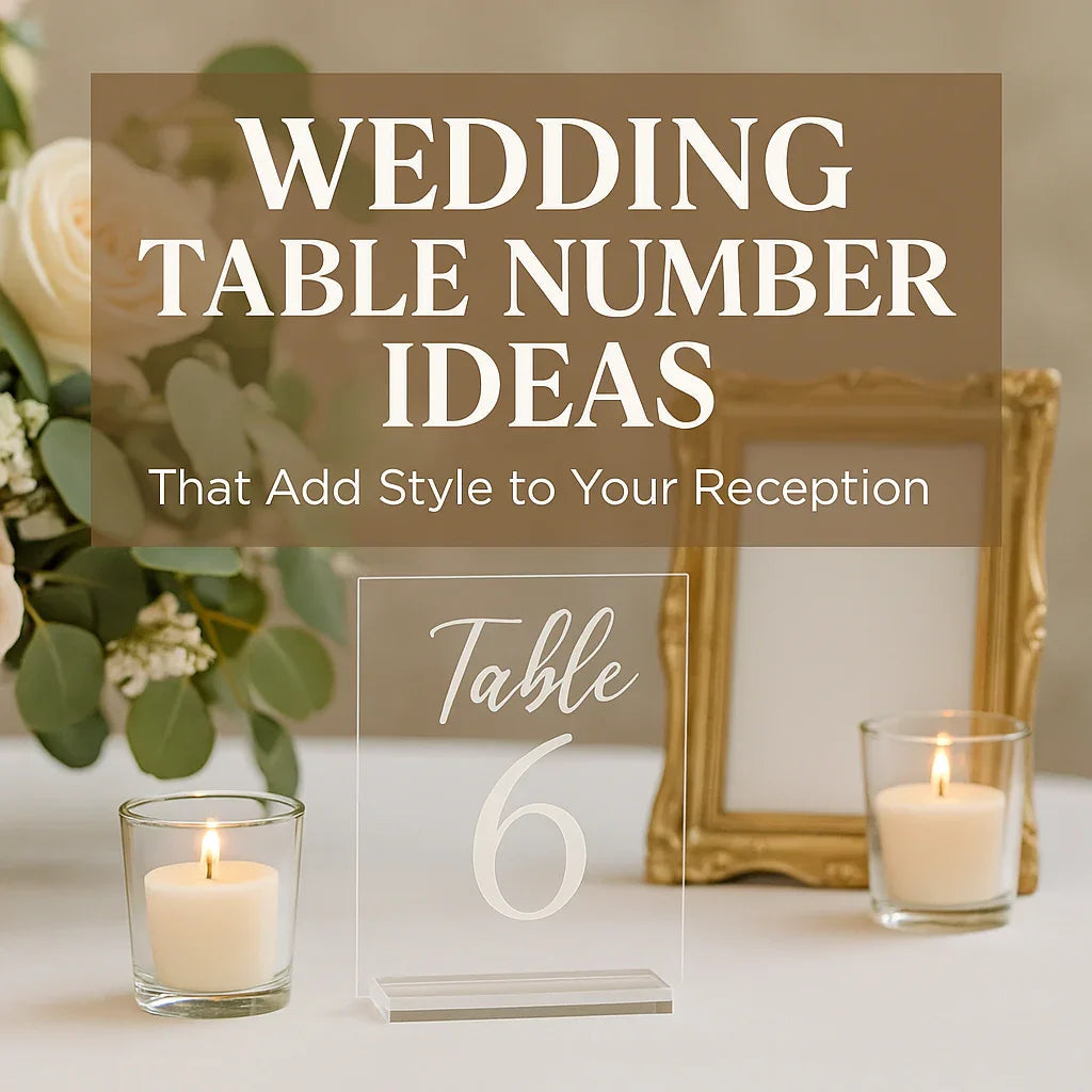Clear acrylic wedding table number sign with candles, gold frame, and white rose centerpiece