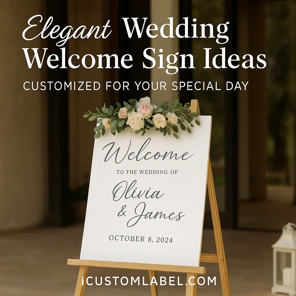 Elegant wedding welcome sign with floral decoration on easel, outdoor venue background