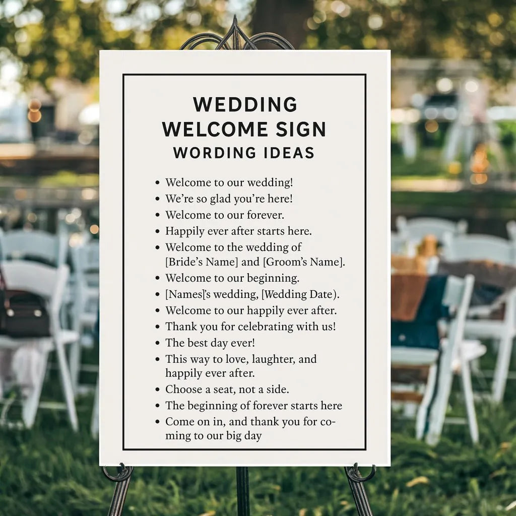 Wedding welcome sign with different wording ideas on display outdoors at a wedding venue.