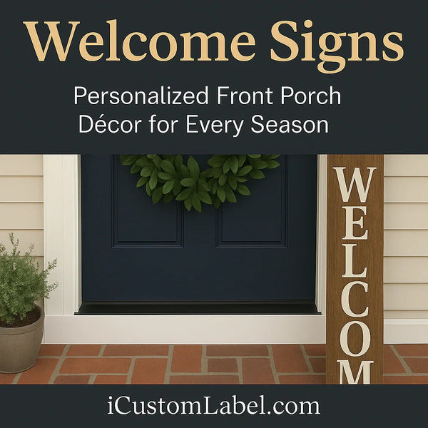 Personalized front porch welcome sign with wreath and potted plant on brick entryway