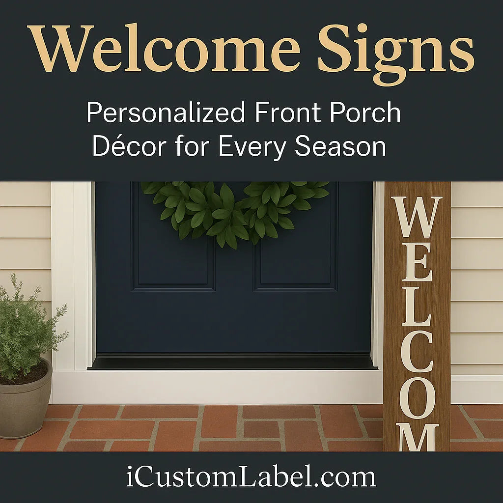 Personalized front porch welcome sign with wreath and potted plant on brick entryway