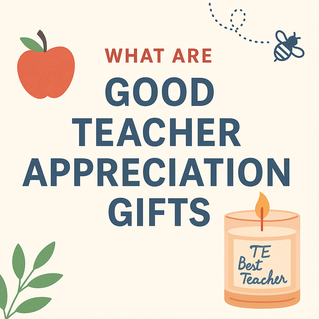 What are good teacher appreciation gifts text, with apple, bee, candle illustration, and leaves