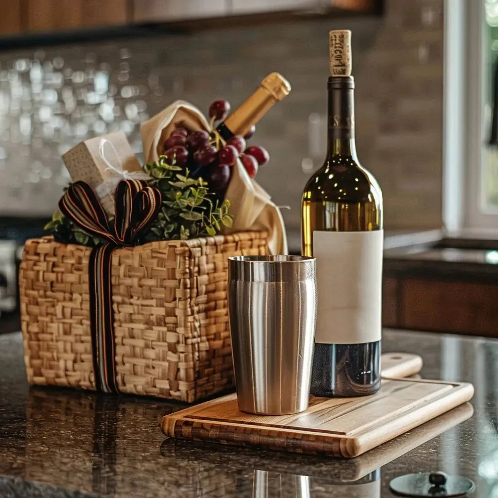 Wicker gift basket with wine, grapes, tumbler, and cutting board on kitchen countertop