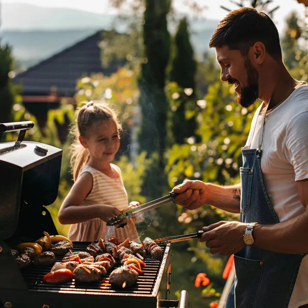 Father and daughter grilling meat and vegetables outdoors on a sunny day, Father's Day BBQ