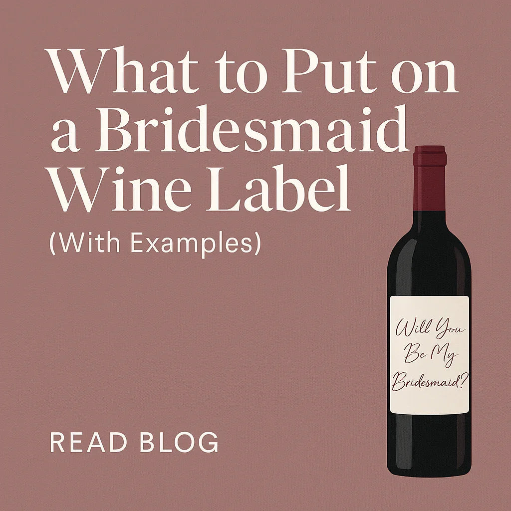Bridesmaid wine label example on wine bottle with 'Will You Be My Bridesmaid?' text