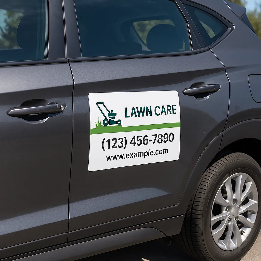 Lawn care business car magnet sign on SUV with contact number and website