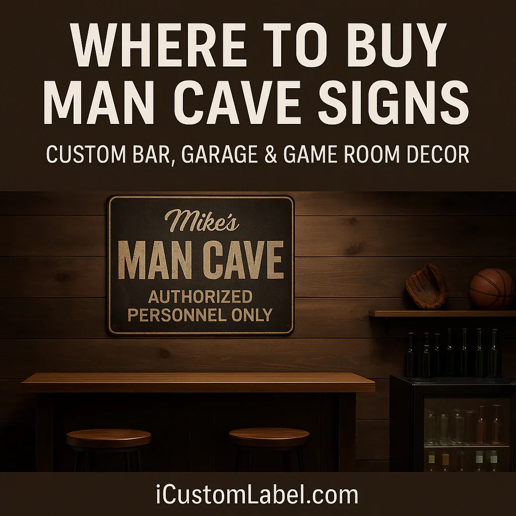 Custom man cave sign on wood wall with bar stools, decor, and where to buy info.
