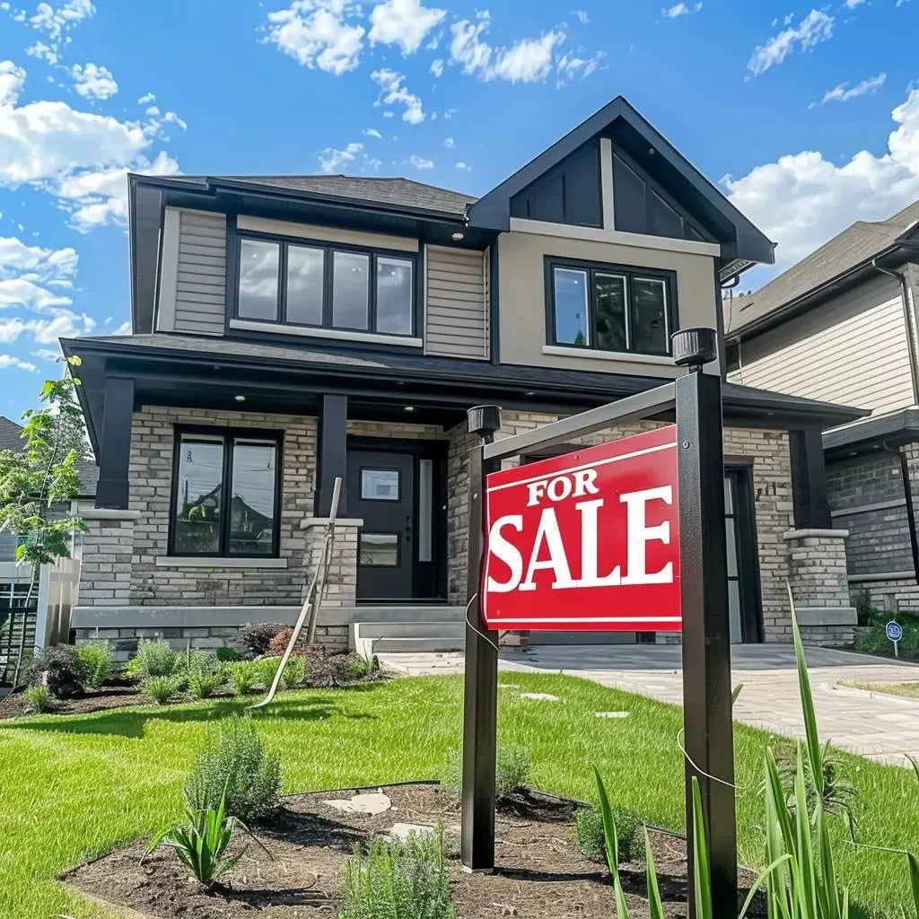 Modern two-story house with brick exterior and a large red for sale real estate sign in yard