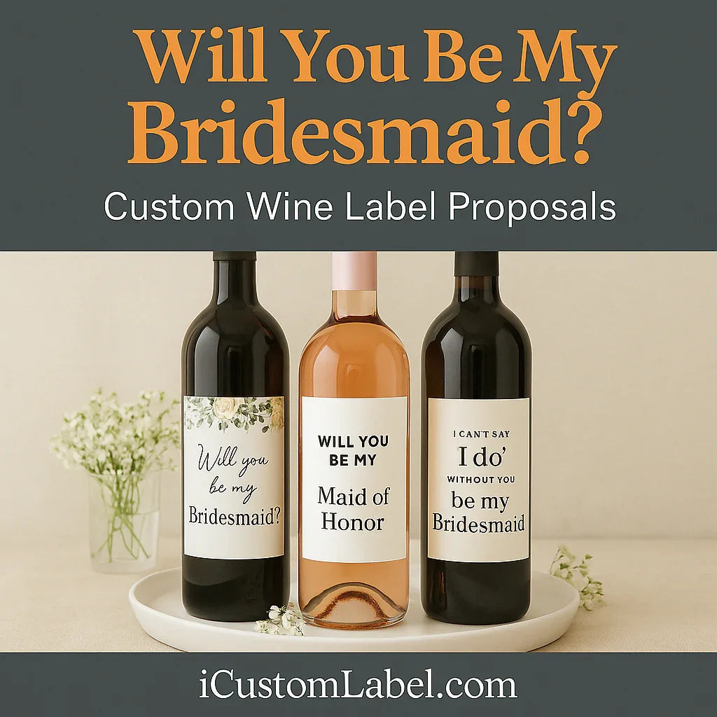 Custom wine label bridesmaid proposal bottles with floral decor on table