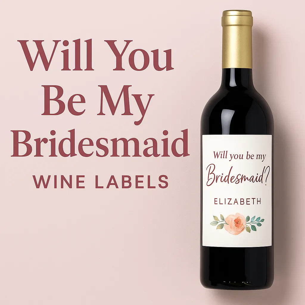 Will you be my bridesmaid wine label on bottle with floral design, pink background, gold cap