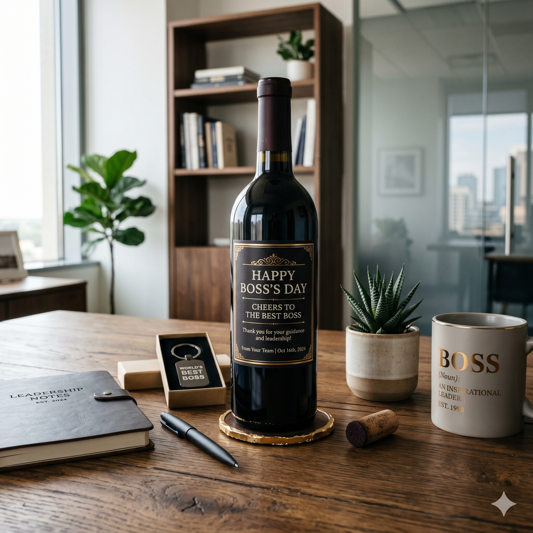 Personalized wine bottle with humorous Boss's Day gift label on rustic wood table