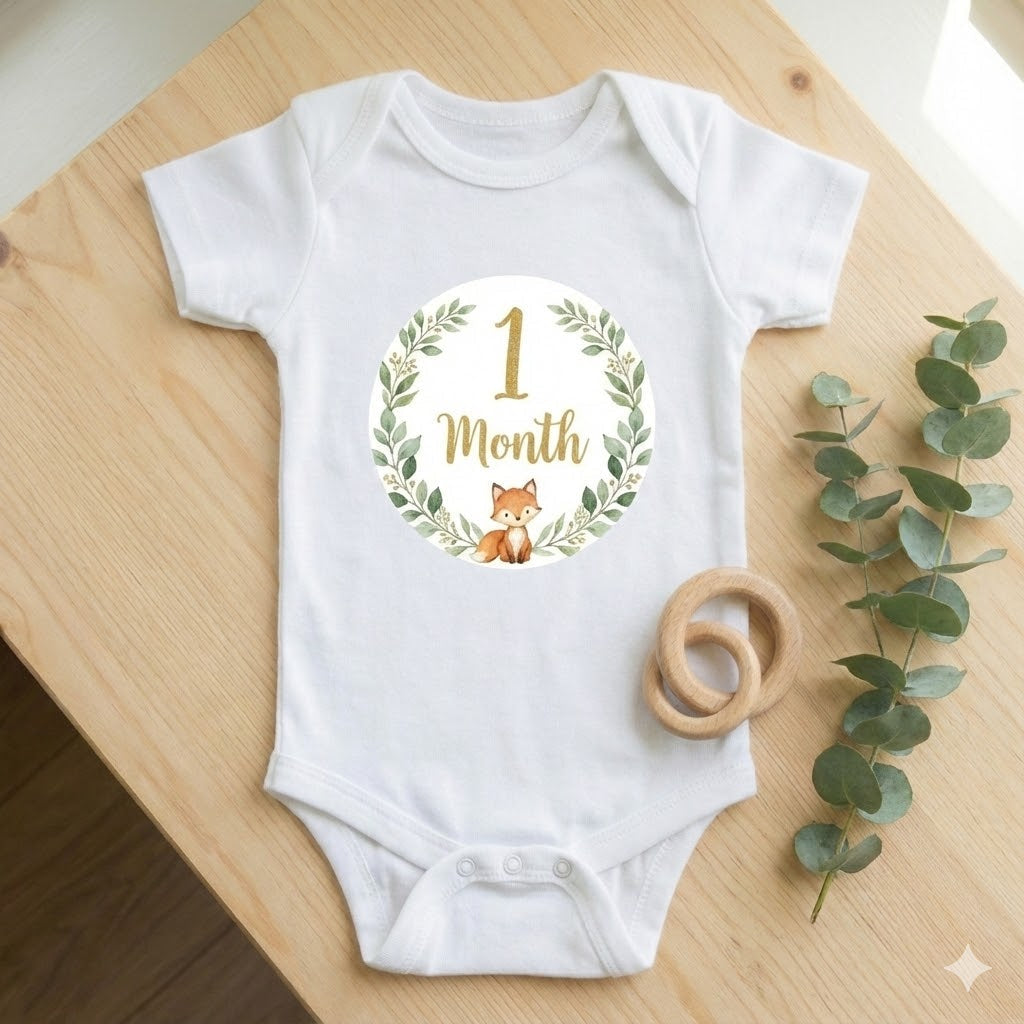 White baby onesie with 1 month milestone sticker featuring a fox and leaf wreath on a wooden table.