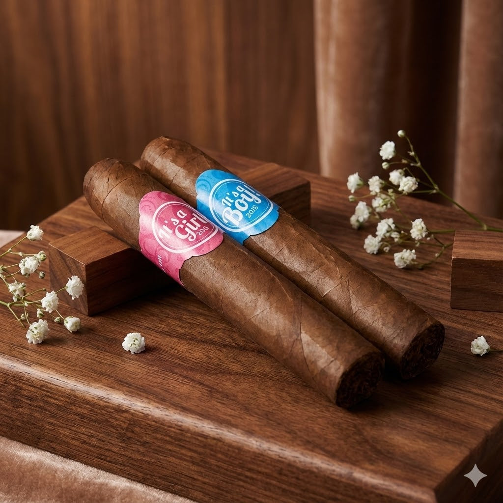 Two cigars with pink and blue baby shower bands on wooden box, decorative flowers nearby