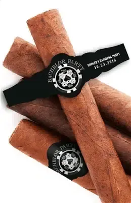 Custom bachelor party cigar bands on three cigars, personalized for groomsmen gifts.