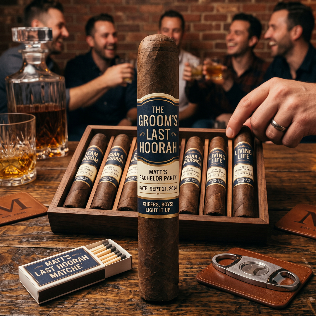 Custom bachelor party cigar bands on three cigars, personalized for groomsmen gifts.