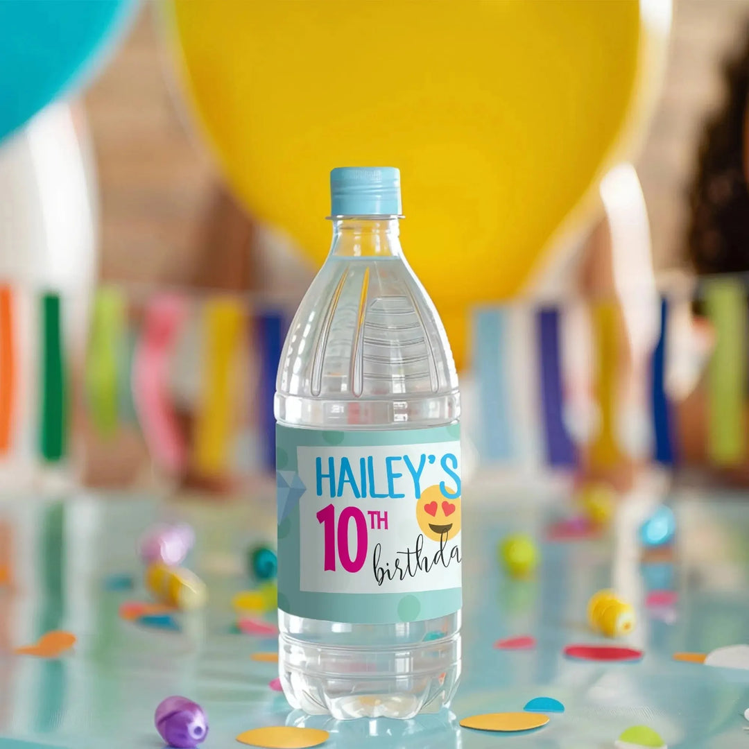 Custom birthday water bottle label for 10th birthday party with colorful decorations