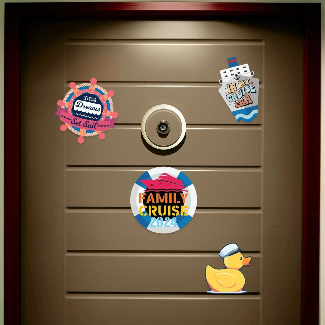 Custom cruise door magnets with nautical and cruise designs on a cabin door