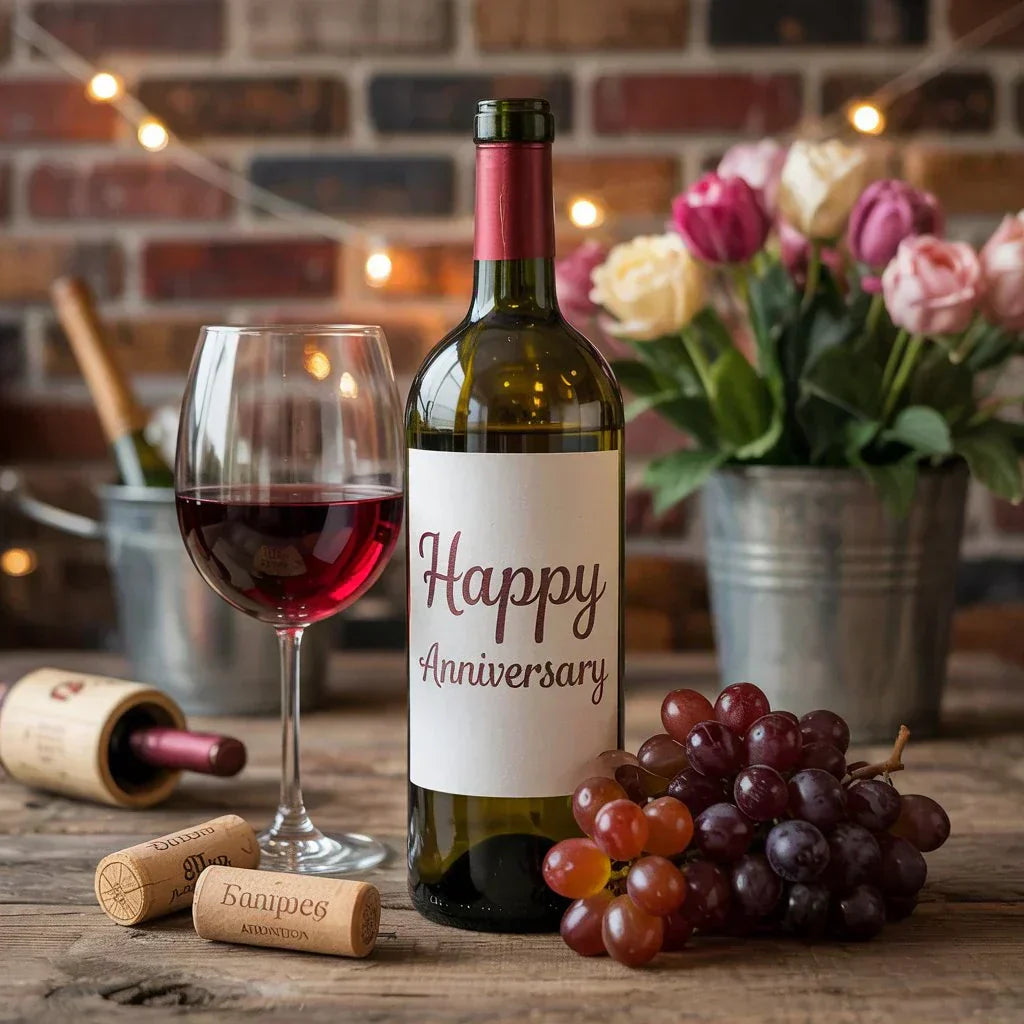 Happy Anniversary wine label on bottle with wine glass, grapes, and flowers on rustic table