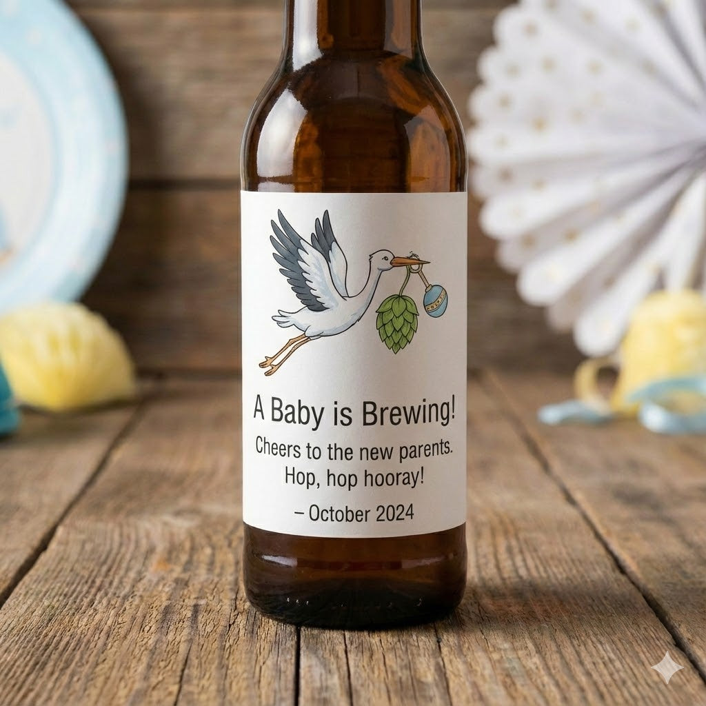 Custom baby shower beer label on bottle with stork illustration and party decor background