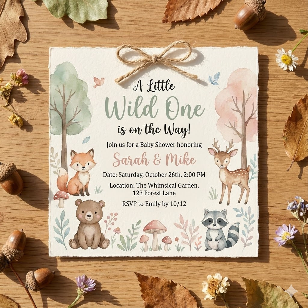 Custom baby shower invitation with woodland animals, leaves, acorns, and rustic bow design