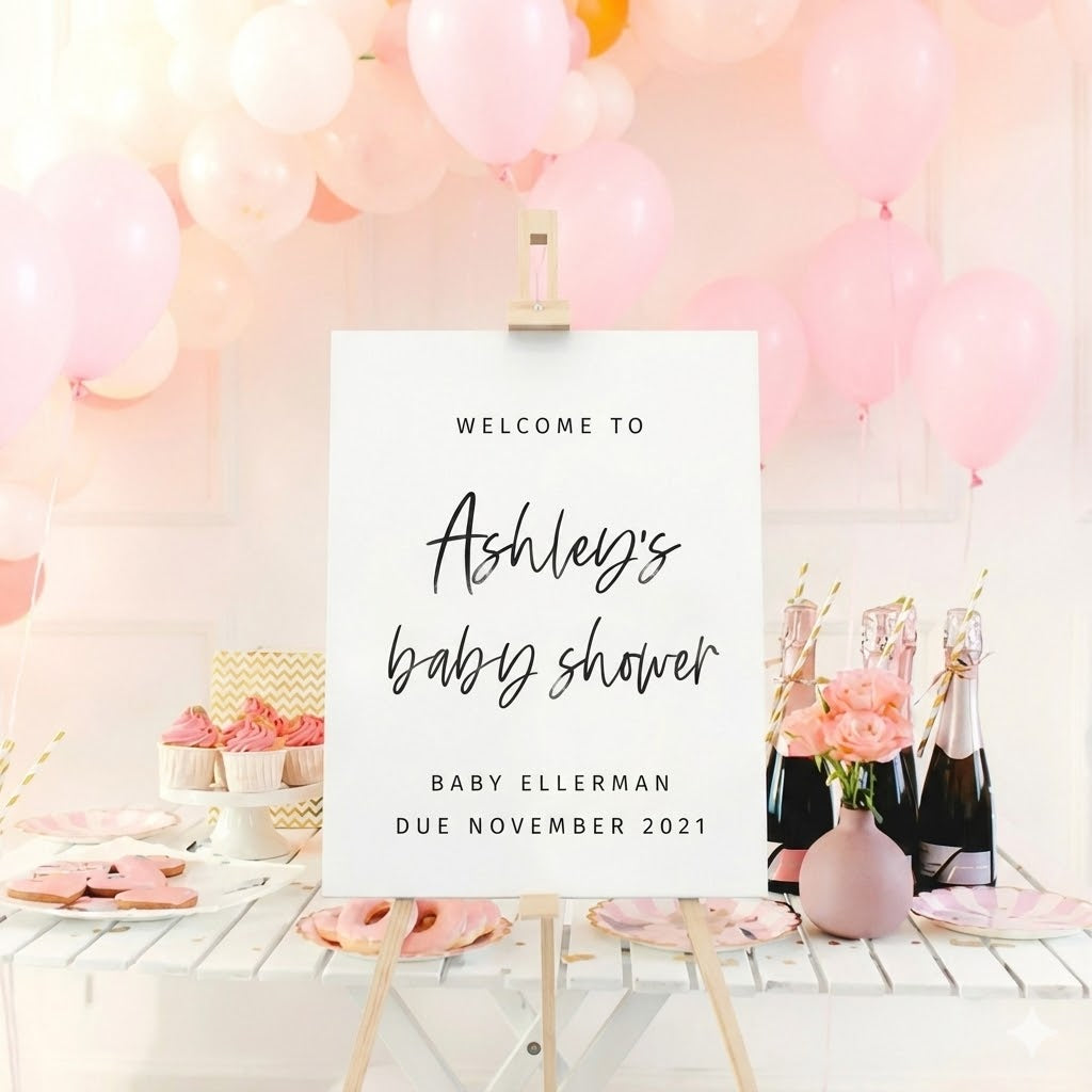Custom baby shower welcome sign on easel, pink balloons, cupcakes, flowers, and bottles on table.