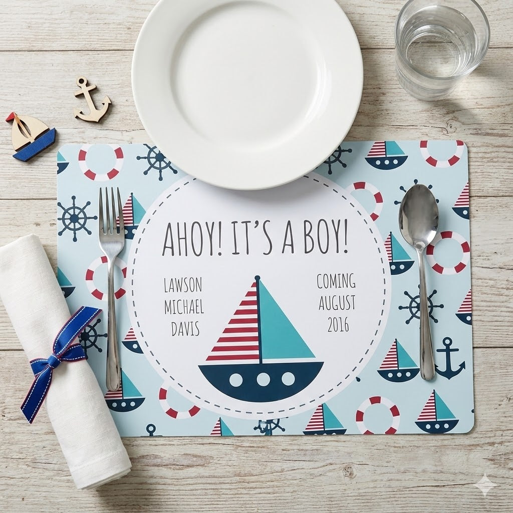 Nautical baby shower placemat with sailboat, text 'Ahoy! It's a boy!', personalized decor