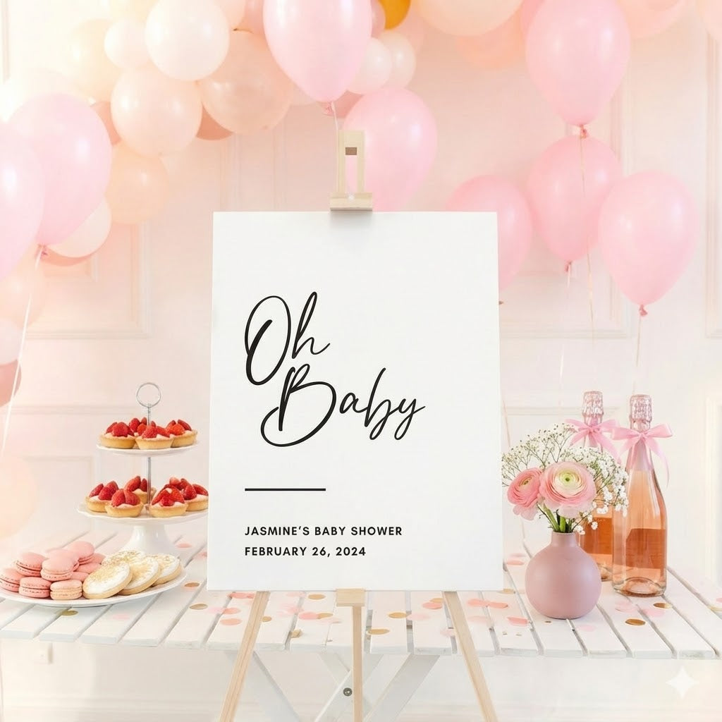 Custom baby shower welcome sign with pink balloons, desserts, flowers, and drinks table decor.