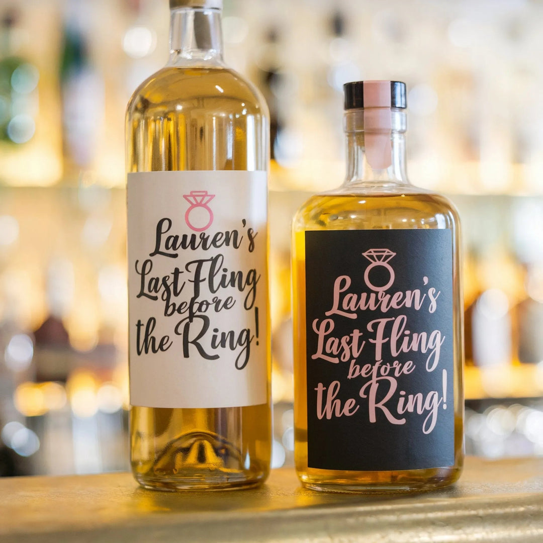Custom bachelorette party bottle labels reading 'Last Fling before the Ring' on liquor bottles