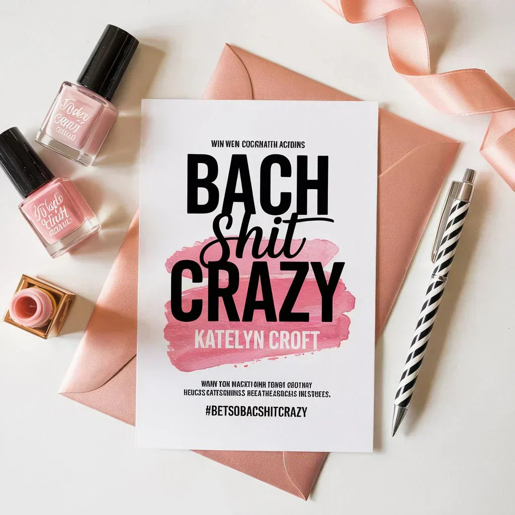 Custom bachelorette party invitation with bold text, pink nail polish, pen, and envelope.