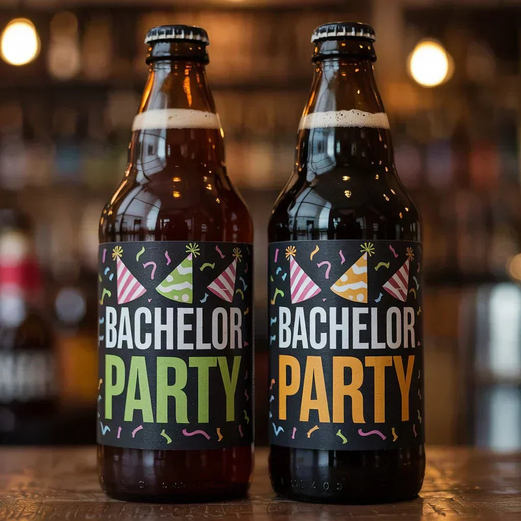 Custom bachelor party beer labels with party hat design on beer bottles