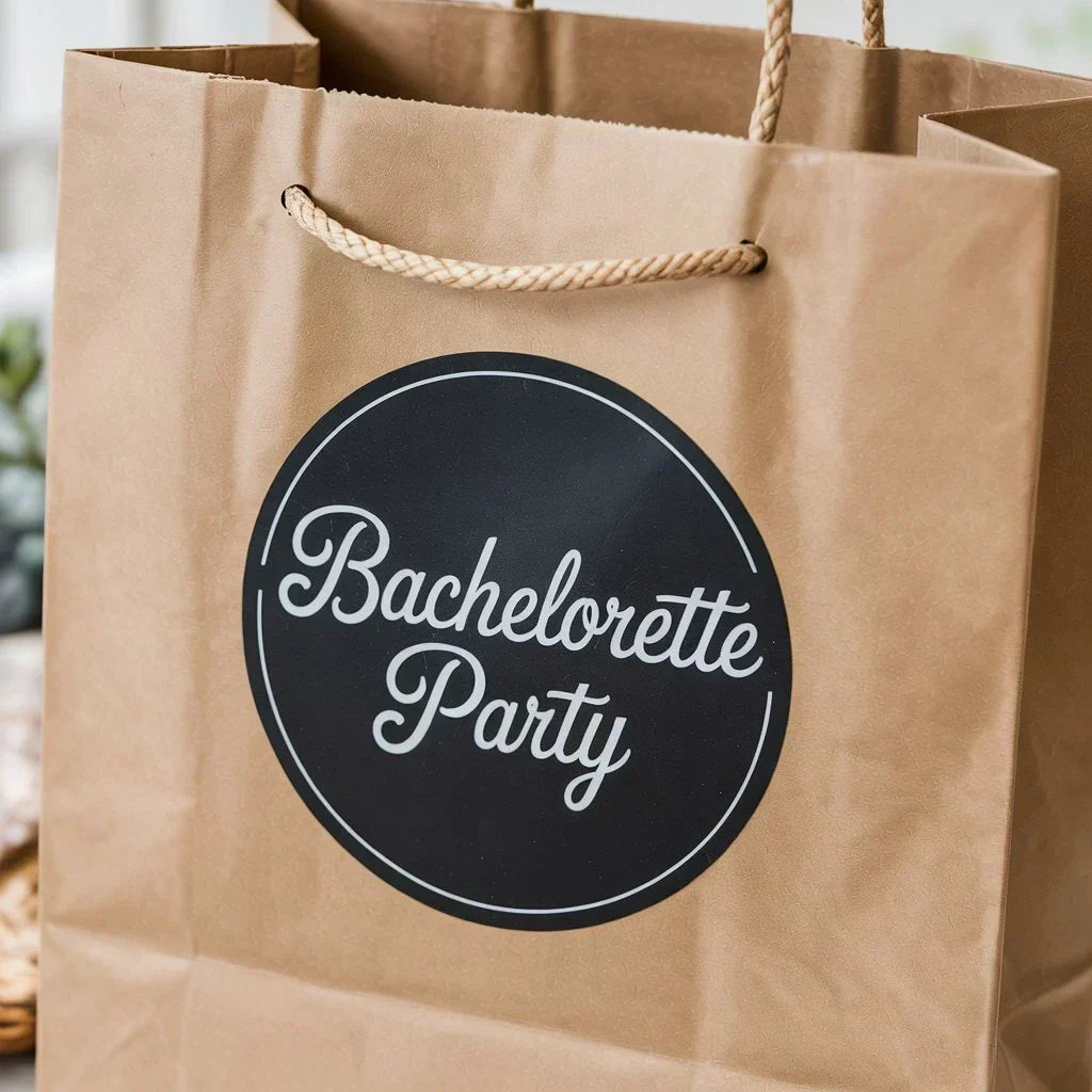 Brown paper gift bag with a round black Bachelorette Party favor label
