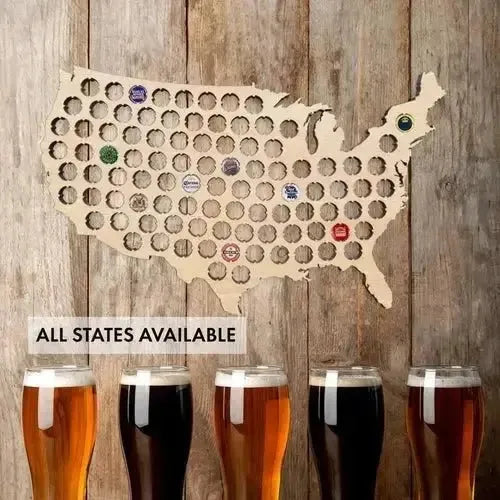 USA-shaped wooden beer cap map wall art with assorted beer caps and four beer glasses