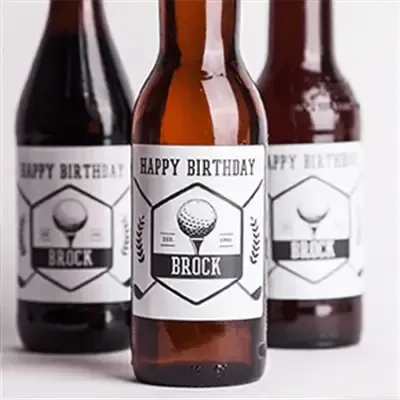 Custom birthday beer bottle labels with golf design and personalized name