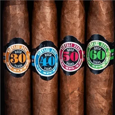 Custom birthday cigar bands for milestone celebrations with labels for 30, 40, 50, and 60 years