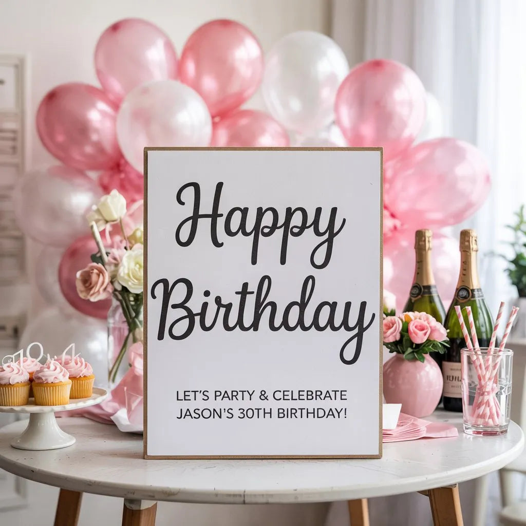Custom Happy Birthday sign on party table with pink balloons, flowers, champagne, and cupcakes
