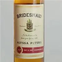Custom bridesmaid liquor label with personalized name and elegant wedding design on a bottle