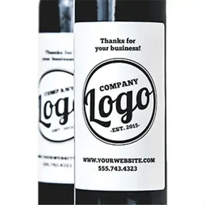 Custom business wine label with company logo, thank you message, and contact details.