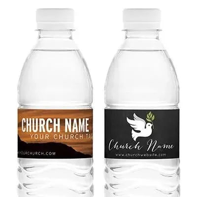 Custom church water bottle labels with text and dove design on clear plastic bottles
