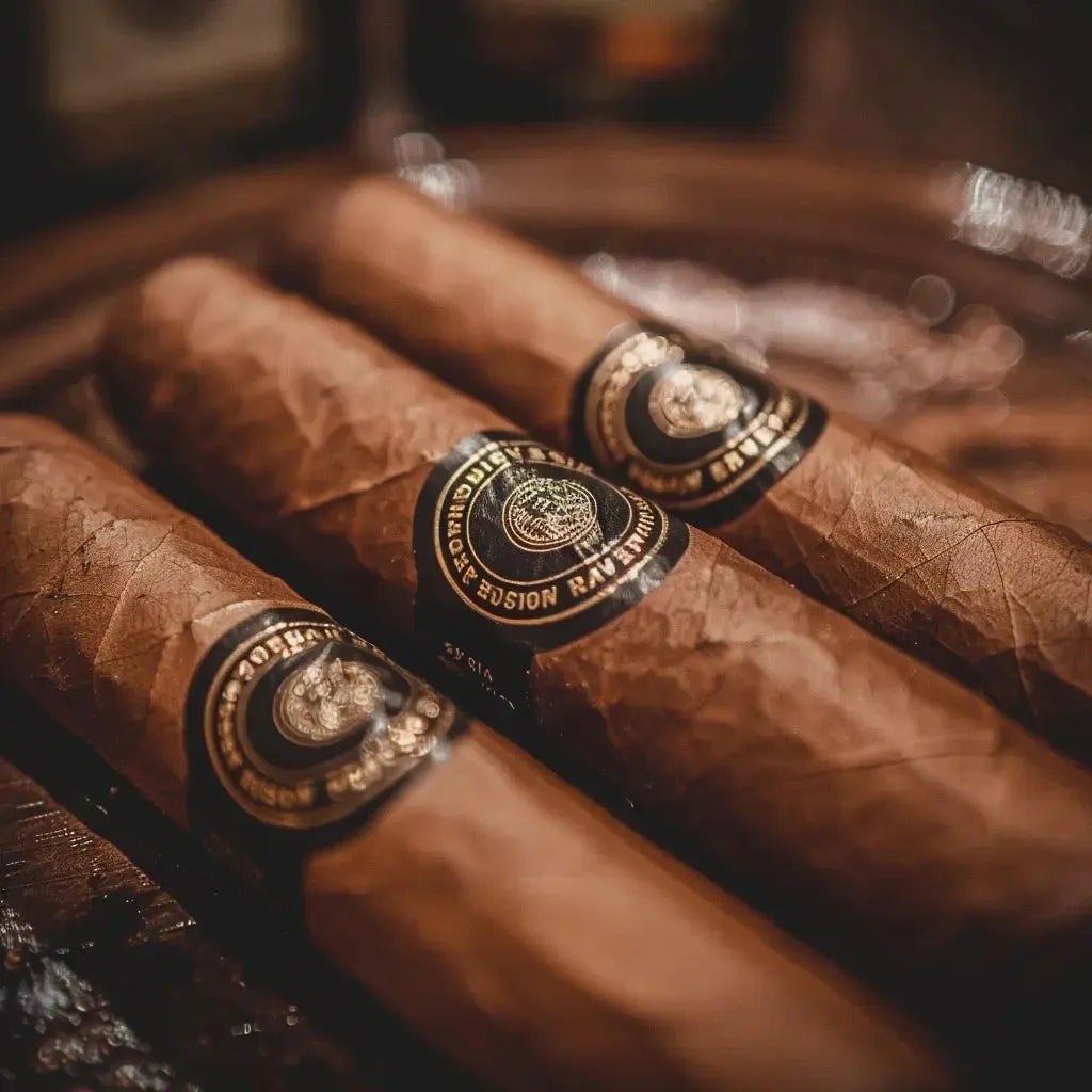 Close-up of three cigars with custom black and gold labels on a wooden surface