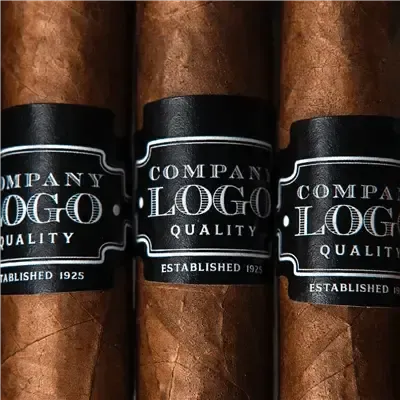 Custom business cigar bands with company logo on brown cigars, premium branding design