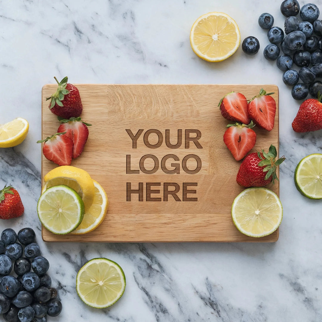 Custom engraved wooden cutting board with fruit and space for business logo on marble counter